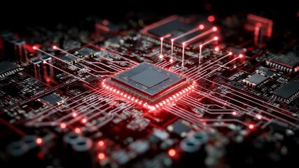 Poster - Complex electronic circuit board with cpu processing data, transmitting information through red glowing connections, symbolizing technological innovation and power