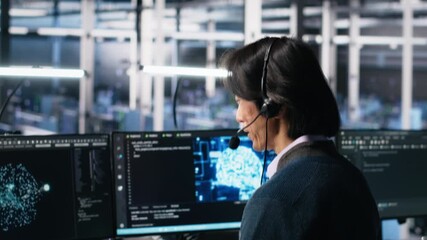 Poster - Data center system administrator using AI assistant to provide user technical support. Server room IT specialist managing live support calls assisted by artificial intelligence LLM, camera A
