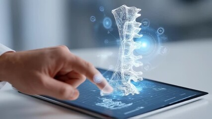 Poster - Doctor's hand pointing at a holographic projection of a spine on a tablet, showcasing innovative medical technology and healthcare advancements