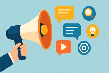 Poster - Hand gripping loud speaker, digital marketing icons emanating, showcasing social media communication and promotional strategies