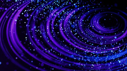 Poster - Purple and blue particles swirling in dynamic vortex pattern, generating energetic visual effect against dark background for tech, science, digital media design