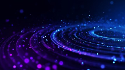Poster - Luminous digital particles rotating, forming concentric circles and swirling in mesmerizing dynamic pattern against abstract glowing background