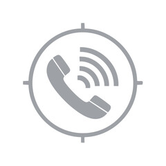 Poster - Gray phone handset icon with radiating waves inside a circle shape for call connection and contact, mobile communication concept