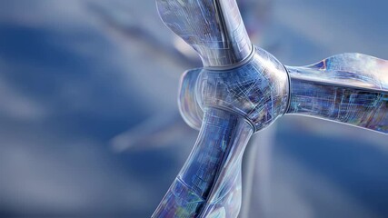 Poster - Close up view of a futuristic wind turbine featuring innovative transparent blades with integrated circuitry, representing advanced technology and clean energy against a blurred blue sky