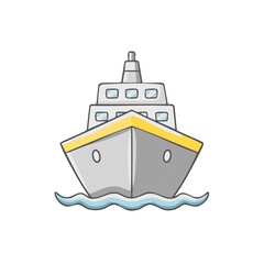 Poster - Front view of a stylized cruise ship sailing on water waves, nautical vessel on a voyage, maritime transportation icon