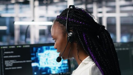 Poster - Data center software developer using AI assistant to provide user technical support. Server farm IT expert managing live support calls assisted by large language model chatbot, camera A