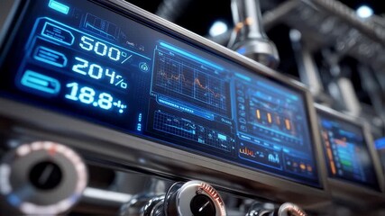 Poster - Futuristic control panel featuring percentages, graphs, and data visualizations, emphasizing advanced technological monitoring and innovation in industrial automation