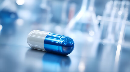 Poster - Blue and white pill resting on a reflective surface in a laboratory setting