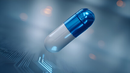 Poster - Blue and white pill floating over futuristic circuit board