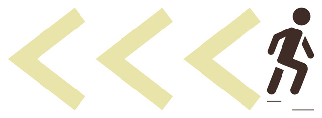Poster - Three large yellow arrows pointing left with a simplified human figure moving forward to the right. Ideal for progress, decision-making, leadership, direction, innovation, growth, success. Simple