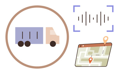 Poster - Truck inside a circle, GPS map with location pins, and sound waves. Ideal for logistics, delivery, transportation, tracking, fleet management data analysis location-based service. Simple flat