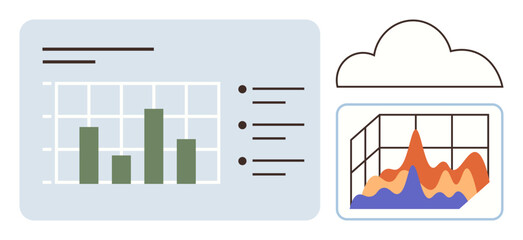 Fototapete - Interactive dashboard featuring bar chart, pie chart, grid elements, and cloud storage. Ideal for data analysis, reports, business intelligence, statistics, cloud computing performance tracking