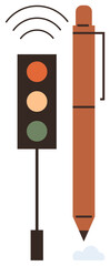Fototapete - Tall pen beside traffic light with wireless signals above. Highlights writing, technology, communication, productivity, decision-making, creative thinking, teamwork. Ideal for simple flat metaphor
