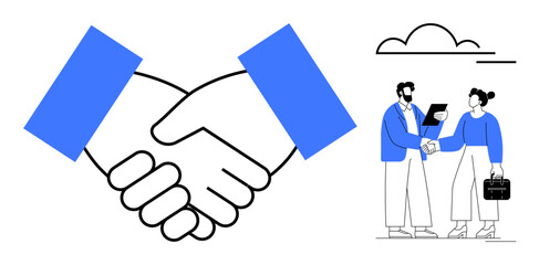 Poster - Large handshake symbol alongside two professionals shaking hands, representing trust, collaboration, and partnership. Ideal for business deals, teamwork, contracts, networking, communication