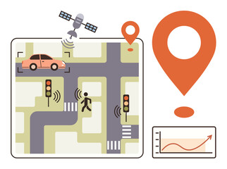 Poster - GPS satellite, car, pedestrian, traffic signals, location pin, and growth chart represent navigation, urban planning, connectivity and data analysis. Ideal for mapping transport IoT safety