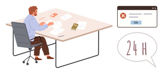Poster - Man working at desk surrounded by papers and electronics, facing deadline pressure symbolized by 24H speech bubble and error window. Ideal for time management, stress, work pressure, productivity