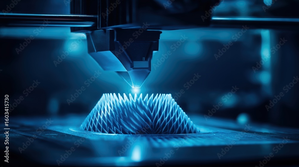 青い光を放ちながら複雑な立体構造を造形する3Dプリンター | 3D printer creating a complex three ...