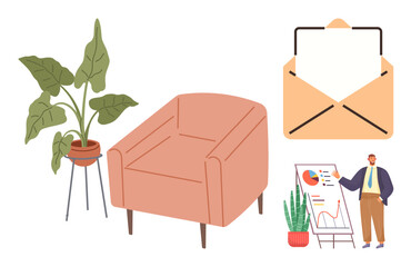 Fototapete - Armchair beside plants, open envelope, and business report presentation on a chart. Ideal for work-life balance, modern workplace, productivity, comfort, home office, communication