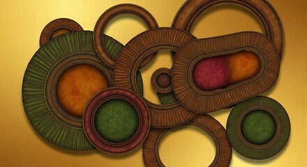Poster - abstract composition featuring overlapping wooden frames against a golden background creating a