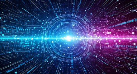Poster - Abstract digital background with glowing lines and circles in blue and magenta