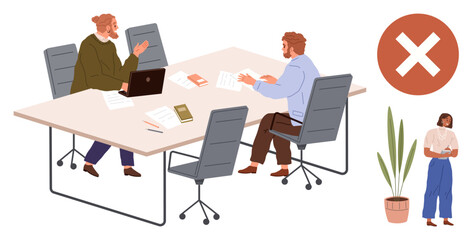 Poster - Two colleagues discuss documents at a desk while a woman stands alone near a plant with a dismissive X symbol. Ideal for teamwork, isolation, conflicts, rejection, leadership challenges, workplace