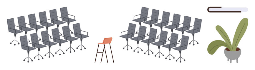 Poster - Rows of modern office chairs flank a unique red chair, paired with a lamp and potted plant. Ideal for workplace diversity, creativity, individuality, office design, teamwork, leadership, simple flat