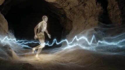 Aufkleber - Wireframe human figure walking through an energy field in a cave, symbolizing exploration, innovation, and the intersection of nature and technology
