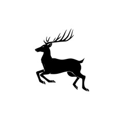 Poster - Silhouette of a leaping deer with large antlers in a dynamic pose against a white background design style