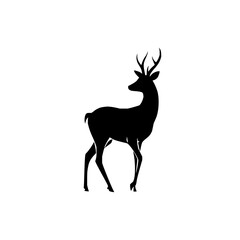 Poster - Silhouette of a deer with antlers standing in a graceful pose against a plain white background space