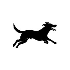 Poster - Silhouette of a black dog running with its mouth open and tail up, isolated on a white background art