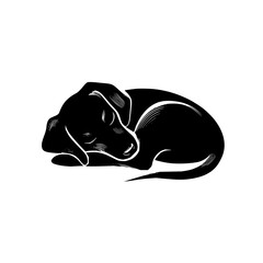 Poster - Illustration of a curled up black dog with closed eyes and visible tail in a woodcut style design