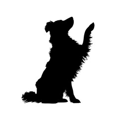 Poster - Silhouette of a dog sitting with its paw raised looking up against a white background in a simple style