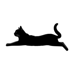 Poster - Silhouette of a cat stretching its body with its tail curled up on a white background vector art