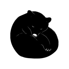 Poster - Illustration of a curled up black bear sleeping peacefully against a white background in monochrome style