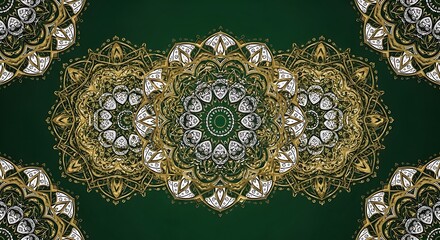 Aufkleber - Elegant seamless pattern of gold and white mandalas on a deep green background texture reminiscent