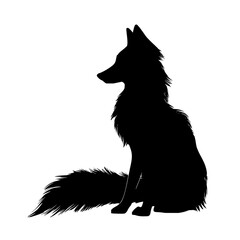 Poster - Silhouette of a furry wolf sitting with its tail to the left and facing left on a white background view