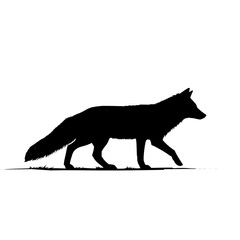 Poster - Silhouette of a walking fox with a bushy tail and pointed ears on a grassy surface in black and white style