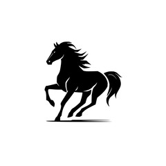 Poster - Silhouette of a black horse galloping with a flowing mane and tail against a white background design art