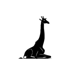 Poster - Silhouette of a giraffe sitting with its long neck extended upwards against a white background design art