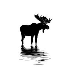 Poster - Silhouette of a moose standing in water with urban skyline in background