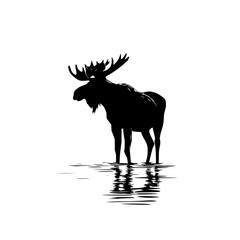 Poster - Silhouette of a moose standing in water, reflected