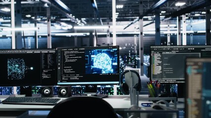 Poster - AI development workstations in data center with monitors displaying machine learning code. Server farm computers used for tracking neural network structures algorithm performance
