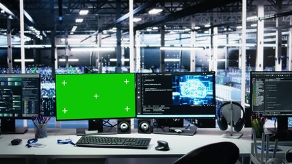 Poster - Data center green screen computers showing neural network visualization and code debugging software running. Chroma key PCs in server room powering machine learning and automated research tasks