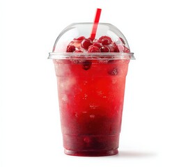 Aufkleber - Refreshing Cold Raspberry Slush Drink in Clear Plastic Cup with Straw and Ice Cubes Close-Up on White Background