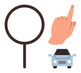 Poster - Magnifying glass symbolizes search, hand point suggests direction, and car denotes transportation. Ideal for navigation, discovery, research, travel, focus, guidance map-related topics simple flat
