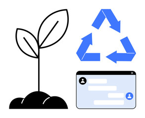 Poster - Sapling sprouting from soil, blue recycling arrows, and online messaging panel. Ideal for sustainability, communication, growth, technology, eco-friendly practices, teamwork simple landing page