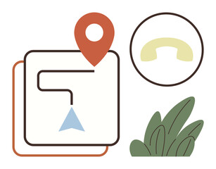 Poster - Navigation map with route and blue arrow, red location pin, phone receiver icon in circle, and green leaves. Ideal for travel, technology, logistics, direction, communication maps sustainability