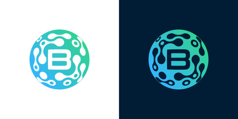 Poster - letter b logo design with abstract ball technology digital data connection with green gradient color