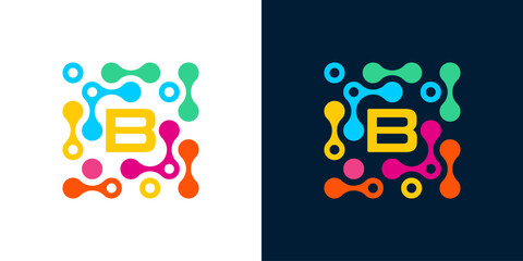 Poster - letter b logo design template with connecting circles. Science and medicine symbol with geometric dotted circles. Universal energy and technology vector icon.