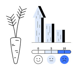 Poster - Carrot symbol, upward chart bars with arrow, and scale with emoticons for feedback. Ideal for agriculture, growth, analysis, strategy, performance, survey and simple landing page